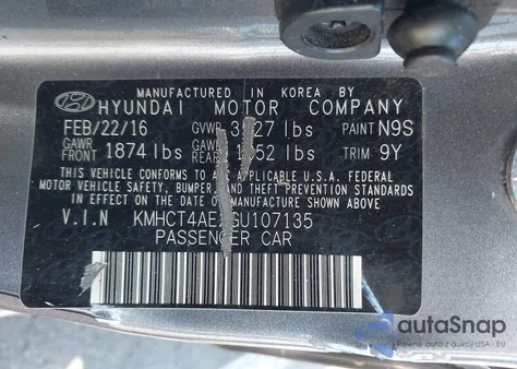 2016 Hyundai Accent Se z USA, uszkodzony, nr VIN KMHCT4AE2GU107135